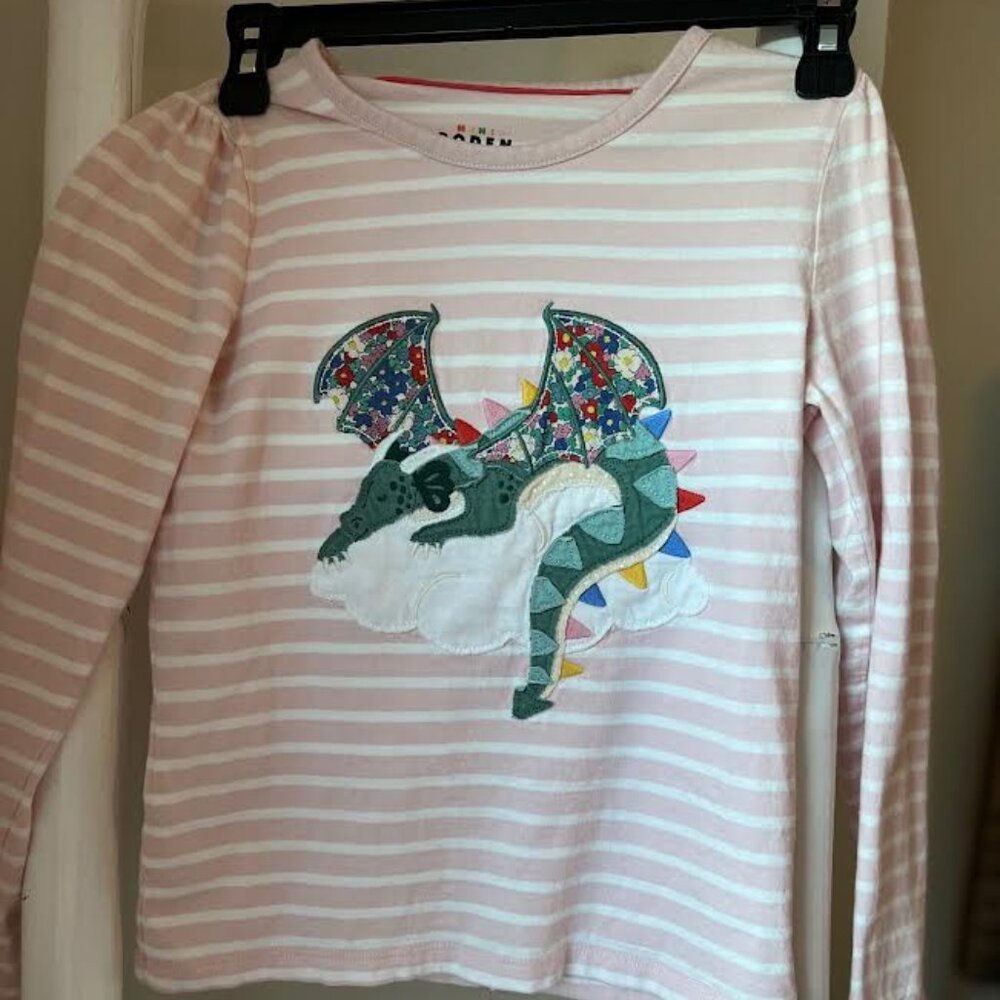 Mini Boden Applique Dragon long sleeve  pink/white rugby stripe 8-9